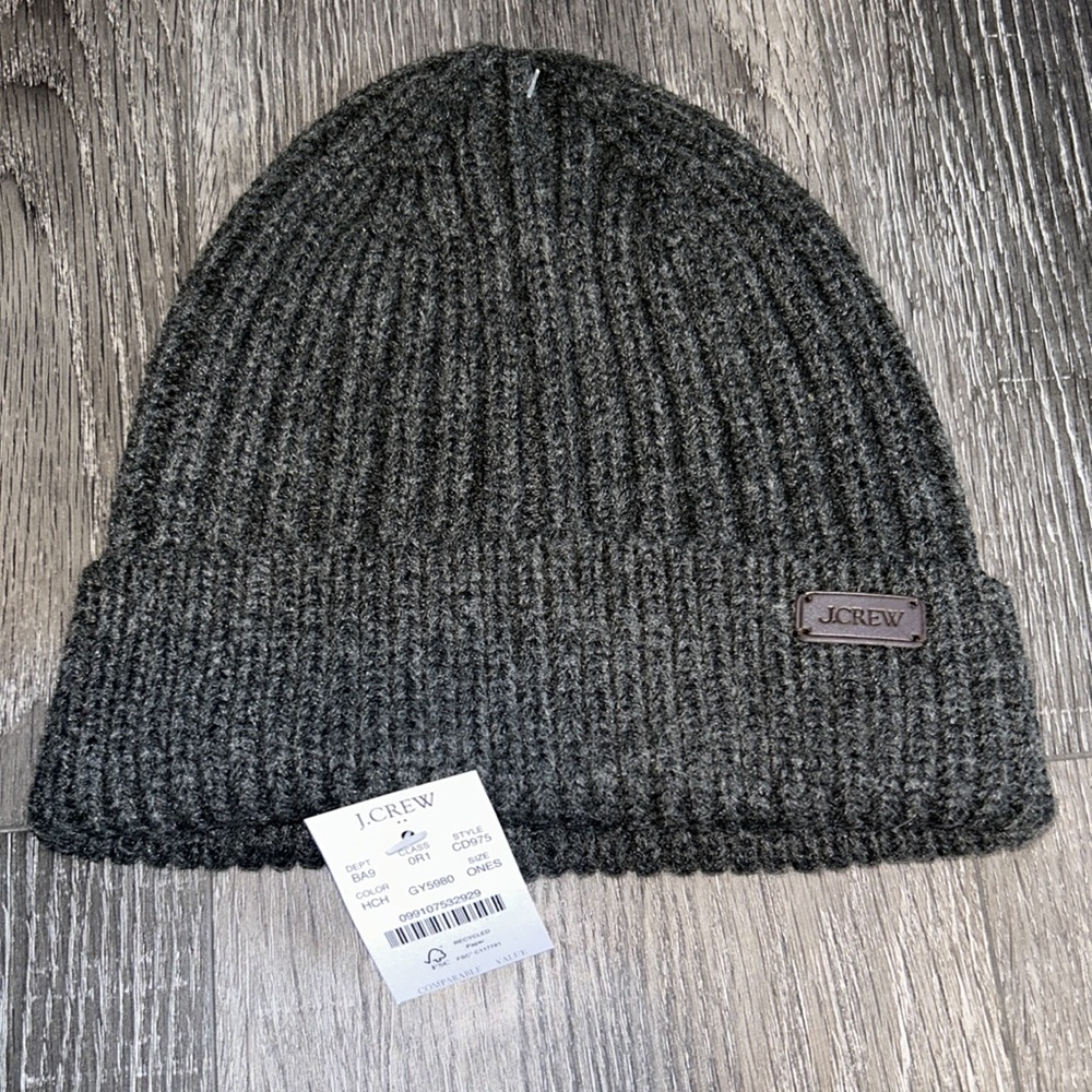 NWT J.Crew Ribbed Beanie Hat Mens Charcoal Gray CD975